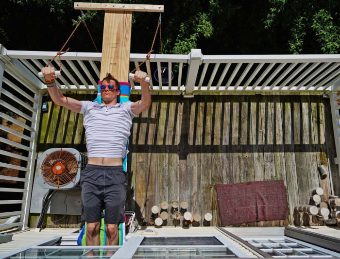 After a day in the pond, Grothe retreats to his back-landing rig, in lieu of the gym.